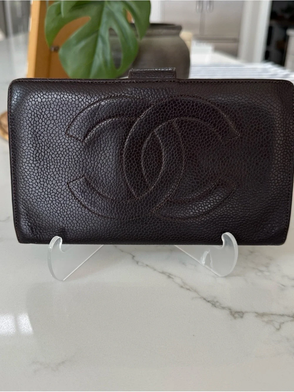 CHANEL Dark Brown Quilted Caviar Leather Wallet with CC Logo